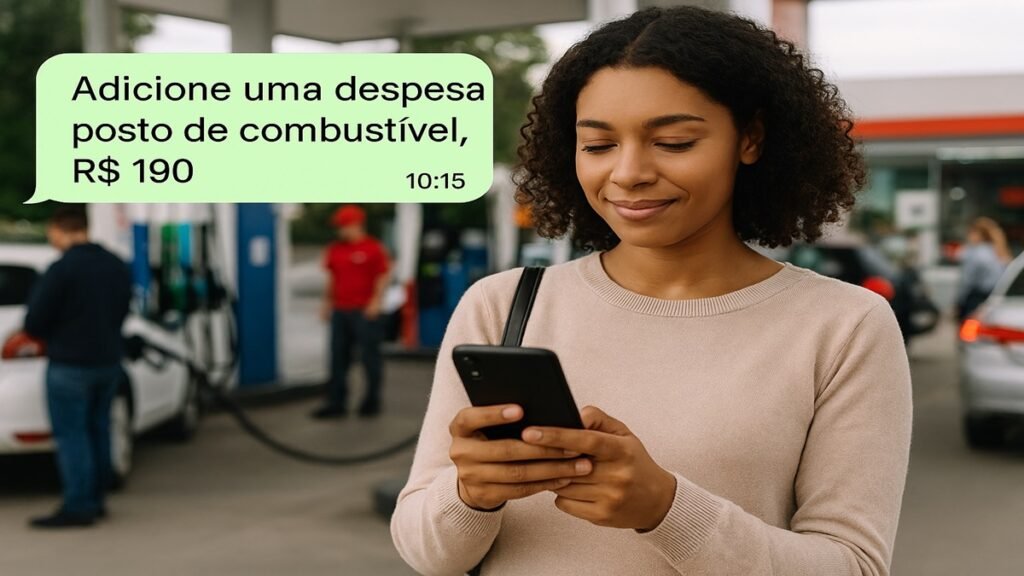 Mulher sorridente em posto de gasolina usando o celular para registrar uma despesa de combustível (Assistentes financeiros)