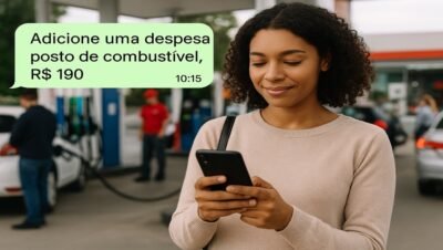 Mulher sorridente em posto de gasolina usando o celular para registrar uma despesa de combustível (Assistentes financeiros)