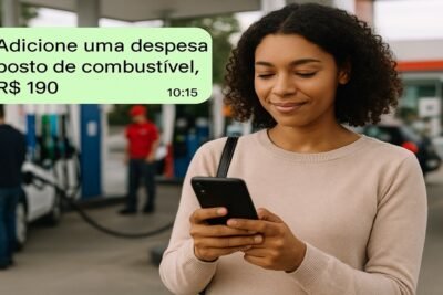 Mulher sorridente em posto de gasolina usando o celular para registrar uma despesa de combustível (Assistentes financeiros)