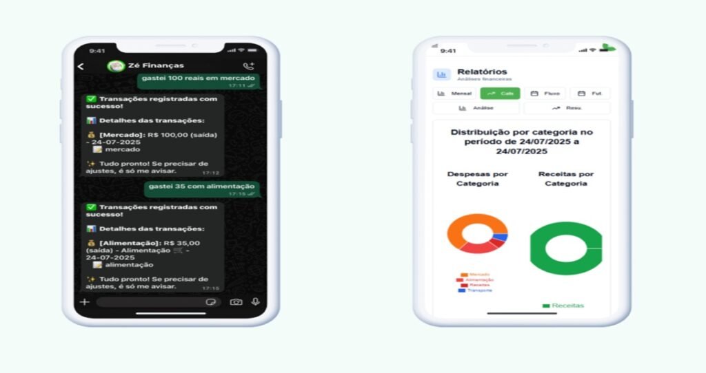 Dois smartphones exibem interfaces de assistentes financeiros com relatórios e registro de transações em português